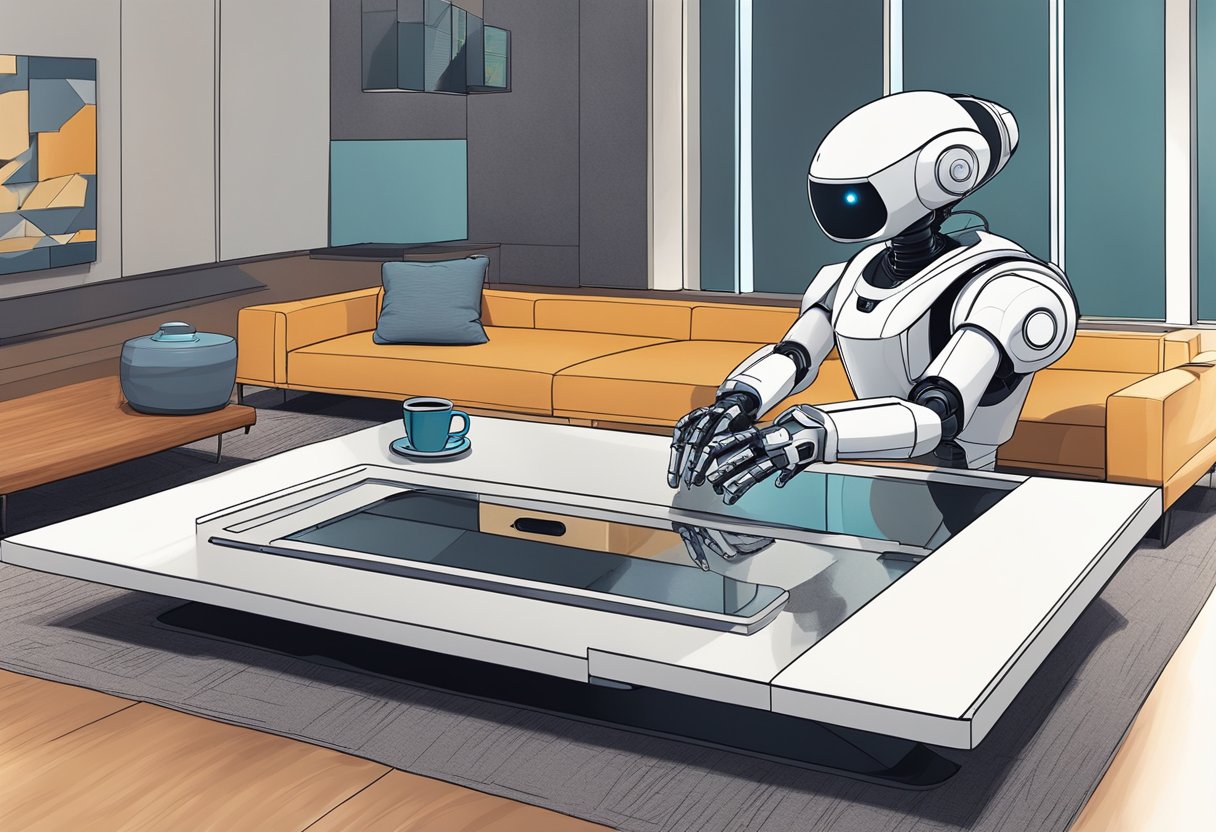 A modern living room with a sleek, futuristic robot on a coffee table. A person's hand reaches out to touch the robot