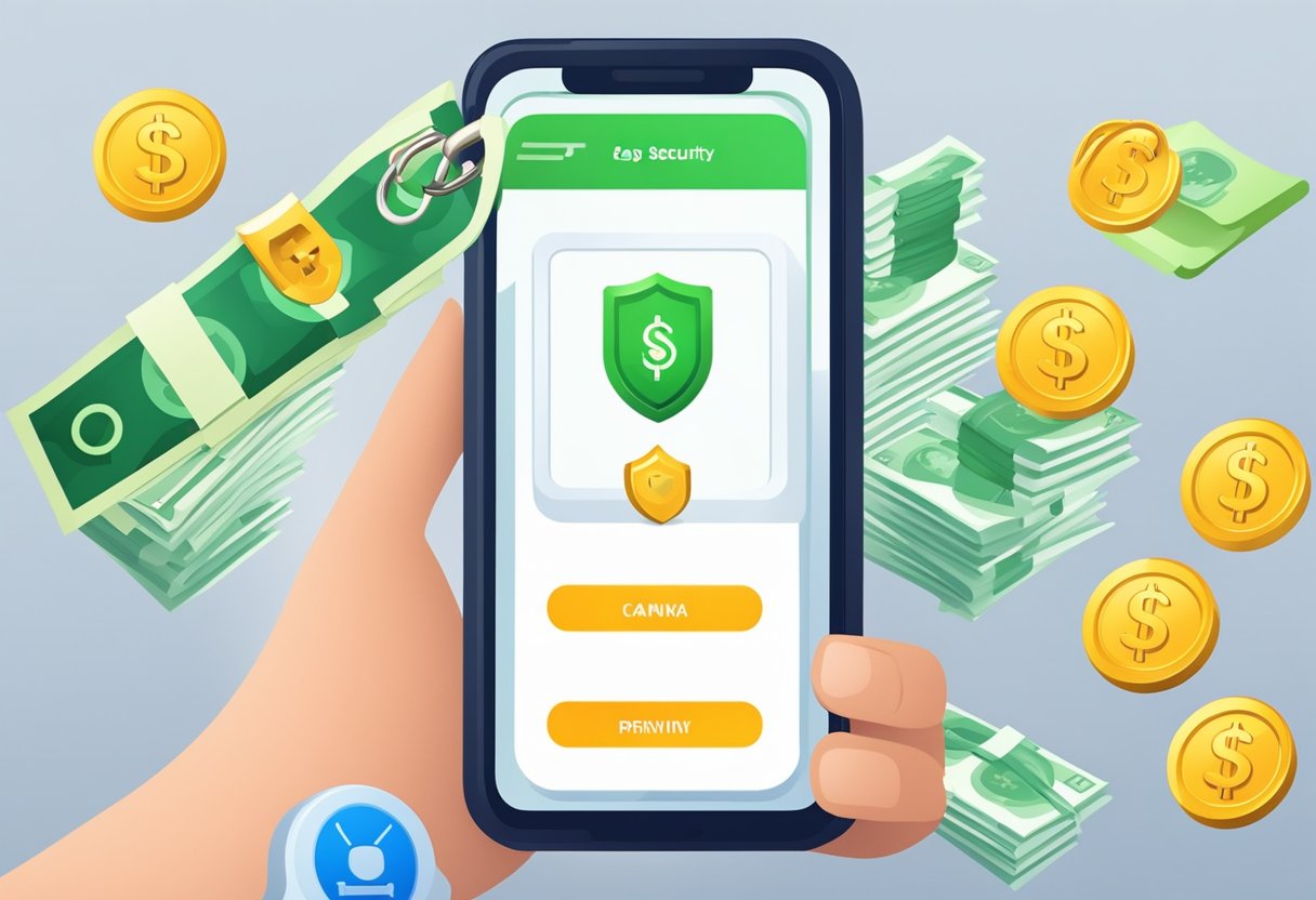 Caixa Tem app displays money symbol, shield, and lock icon, representing security and privacy for easy loans