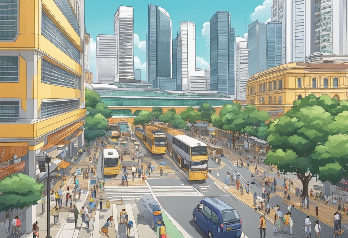 A bustling urban square in Singapore, surrounded by modern buildings and bustling with activity