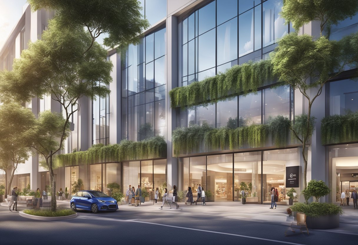 The scene includes a modern shopping mall facade with clear signage and surrounding greenery