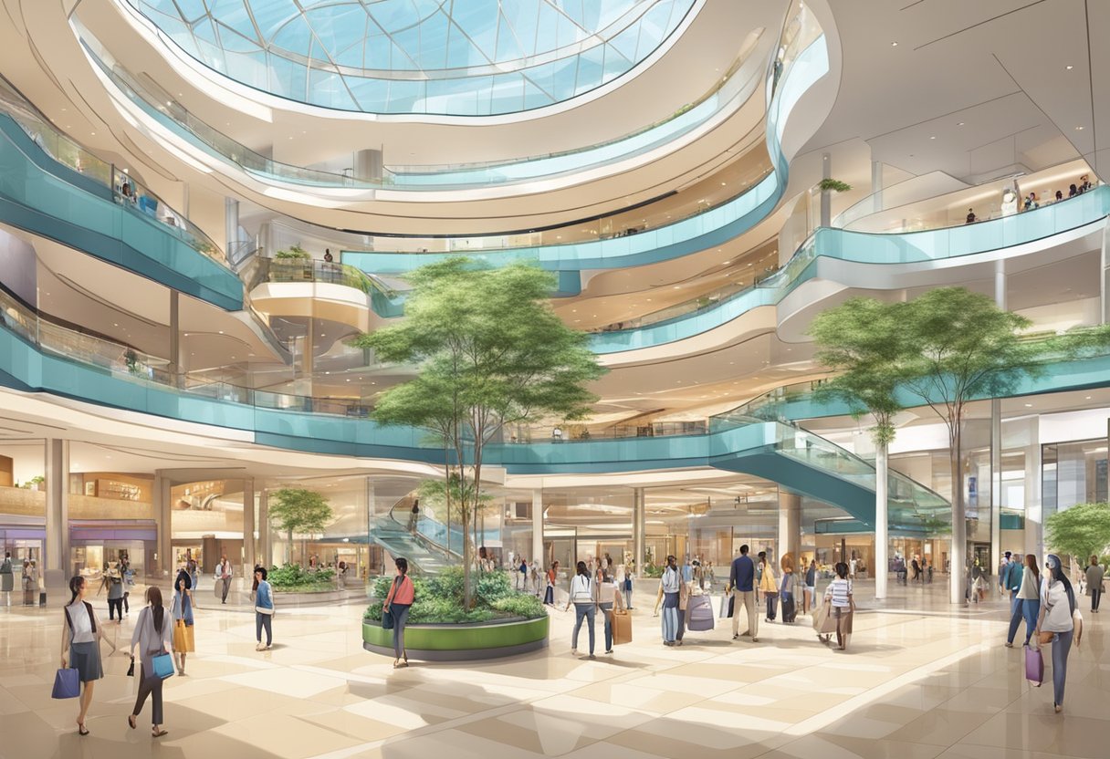 A bustling shopping mall entrance with a prominent sign reading "Frequently Asked Questions" at 1 Woodlands Square, Causeway Point, Singapore 738099