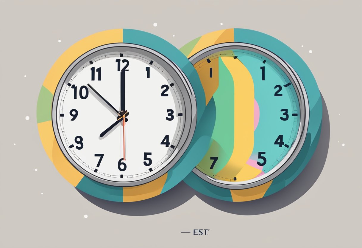 A clock showing 2pm with "EST" written next to it, and another clock showing the corresponding time in Singapore