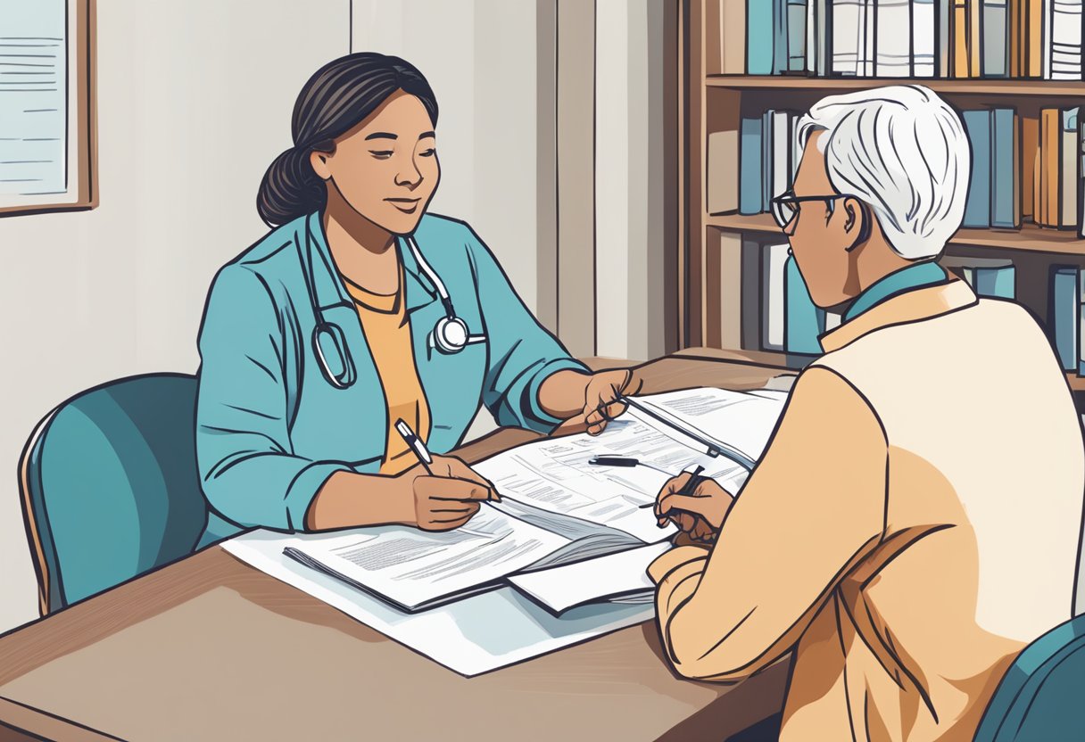 A table with a pen, paper, and a brochure on advance care planning. A person sitting across from a healthcare professional, engaged in conversation
