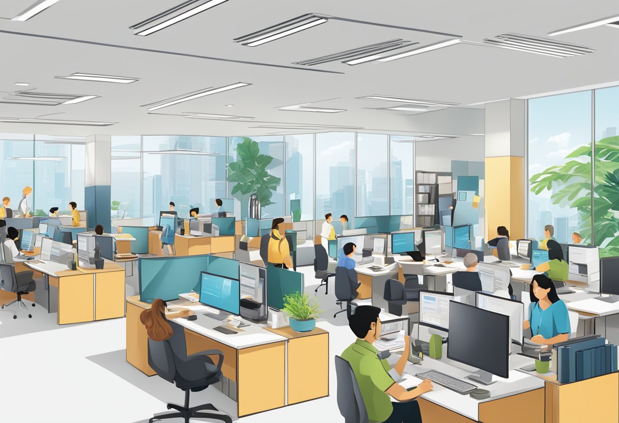 A bustling office with people seeking information from a help desk. Signs and screens display "Frequently Asked Questions acp singapore."