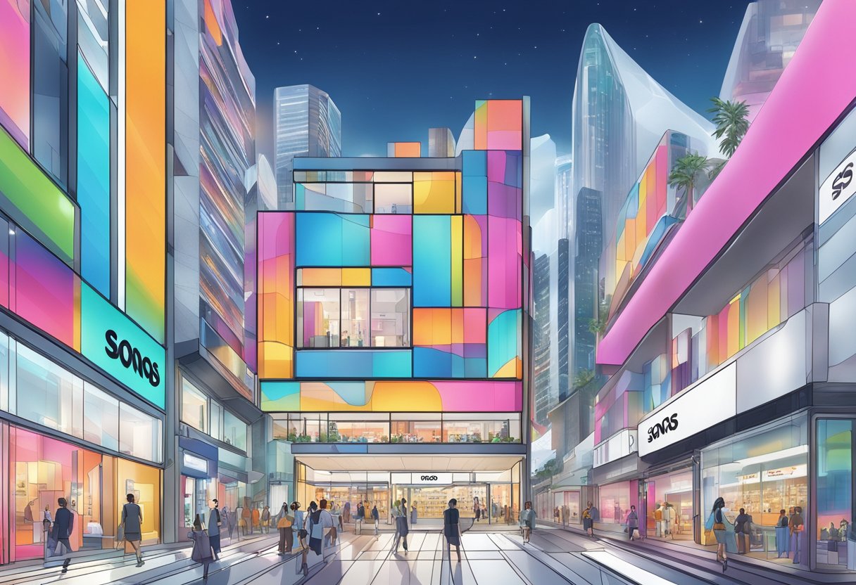 Vibrant cityscape of Sonos store in Singapore, with futuristic architecture and bustling streets