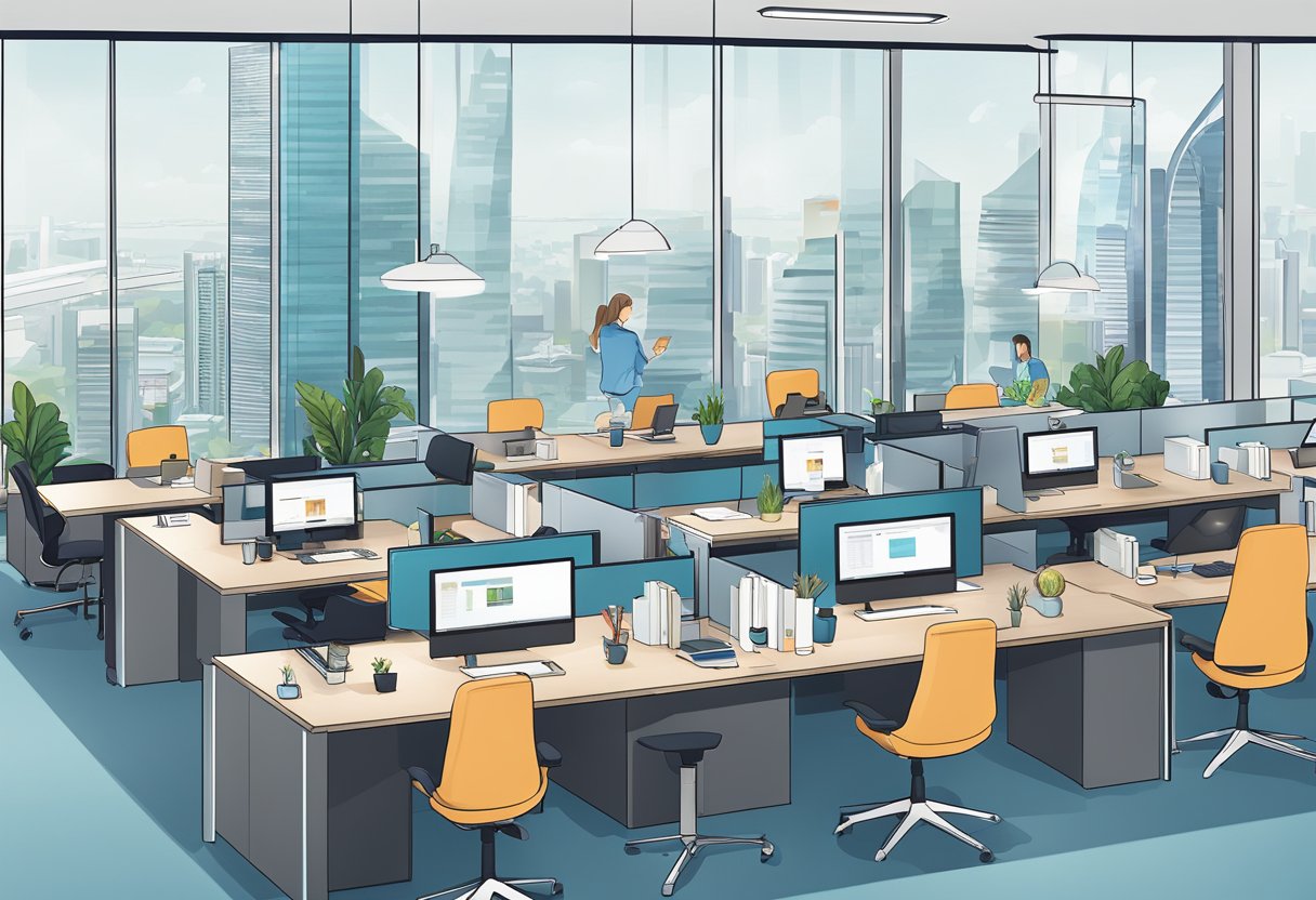 Airwallex Singapore: Modern office with sleek design, open floor plan, and panoramic city views. Employees collaborate in stylish meeting rooms and work at standing desks