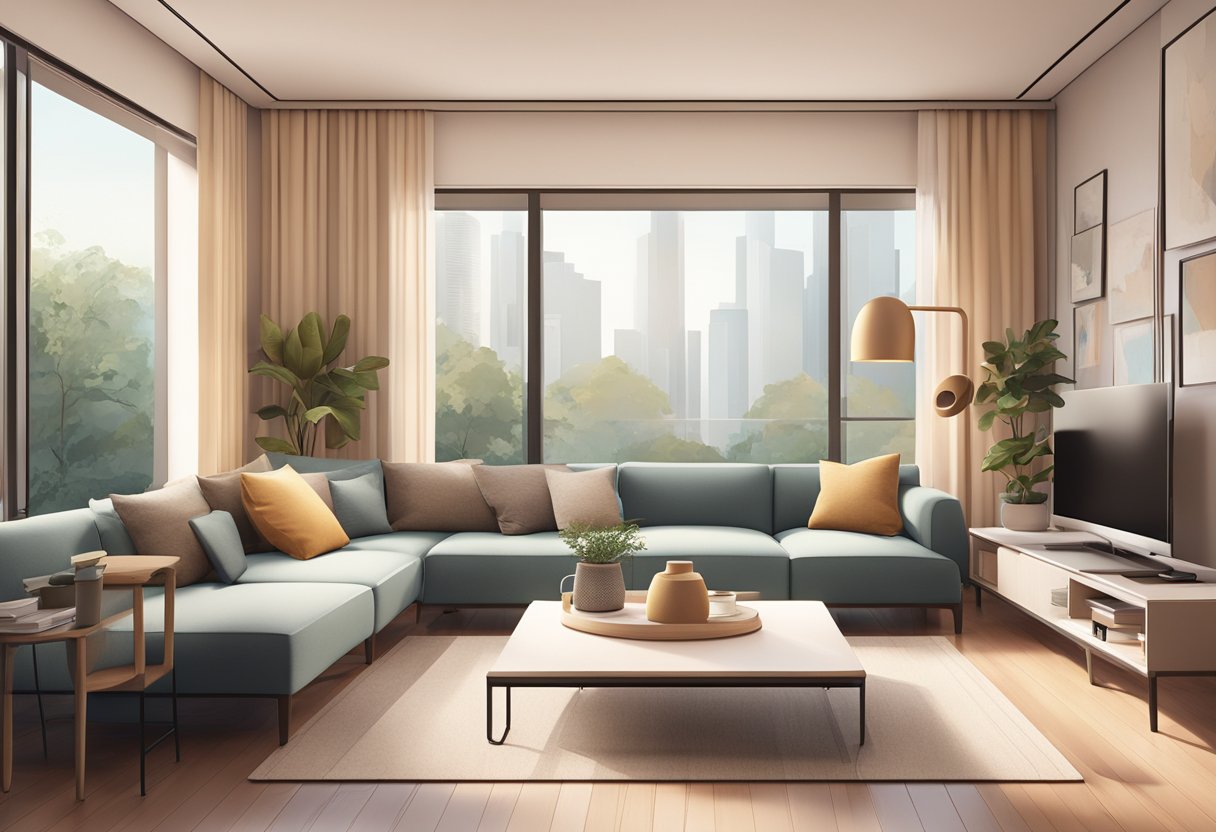 A modern living room with sleek Sonos speakers arranged on a shelf, casting warm ambient light in a cozy Singaporean apartment