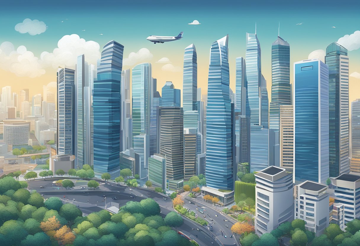 A bustling city skyline with the Airwallex Singapore office prominently featured, surrounded by other modern financial institutions