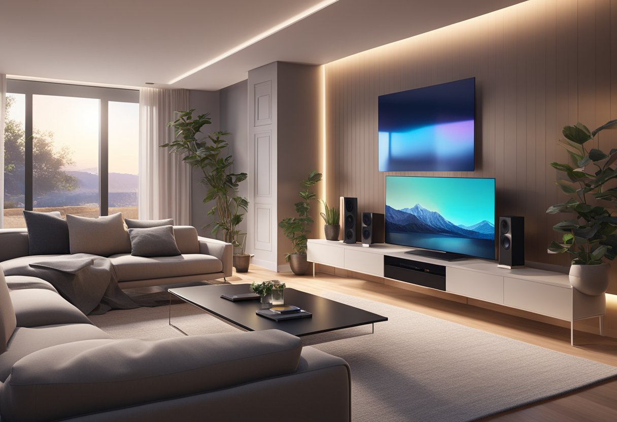 A sleek, modern living room with a Sonos sound system set up on a sleek entertainment center. Soft, ambient lighting creates a cozy atmosphere