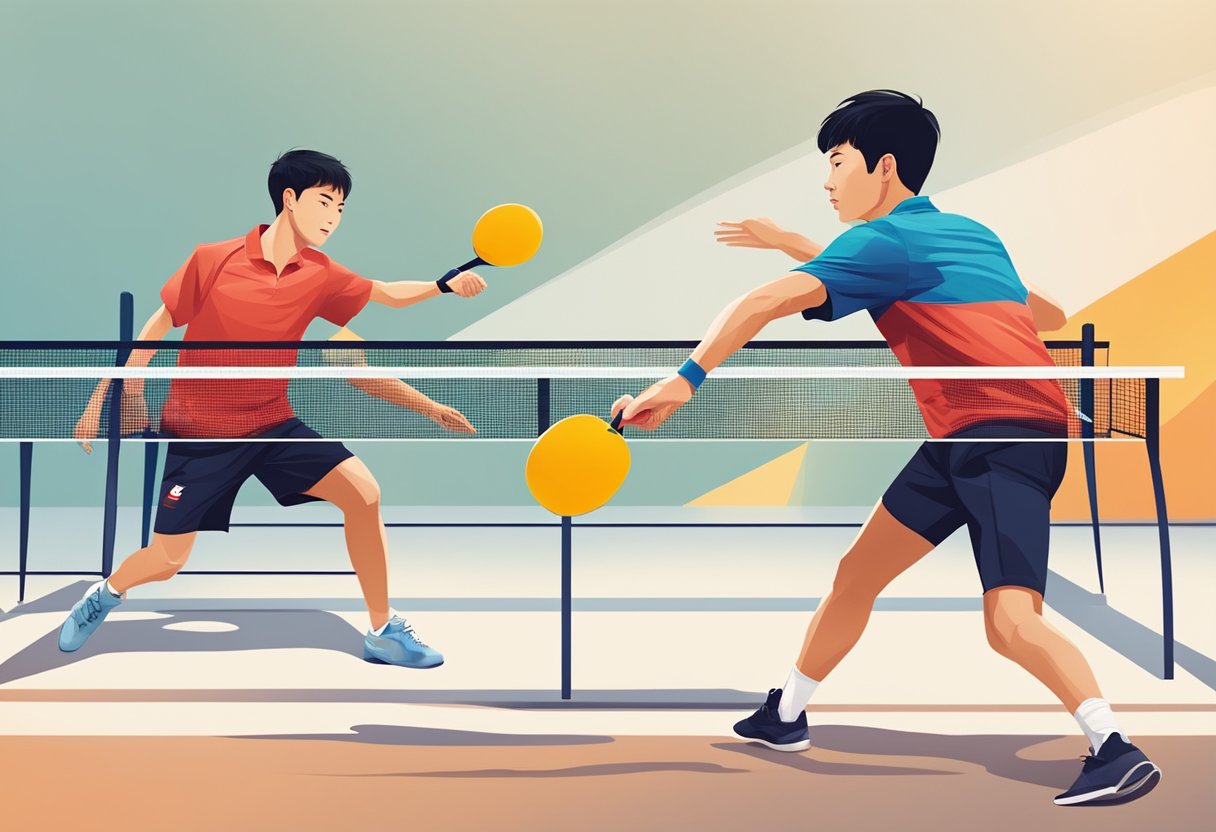A table tennis match in Singapore, with two players engaged in a fast-paced game, the ball bouncing back and forth across the table