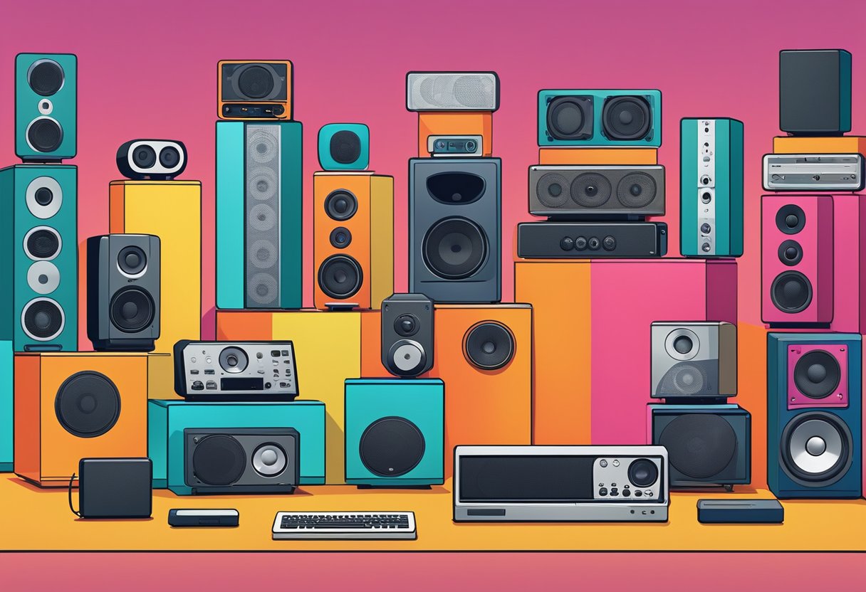 A colorful array of electronic devices, including speakers and sound systems, arranged neatly with the words "Frequently Asked Questions sonos singapore" displayed prominently