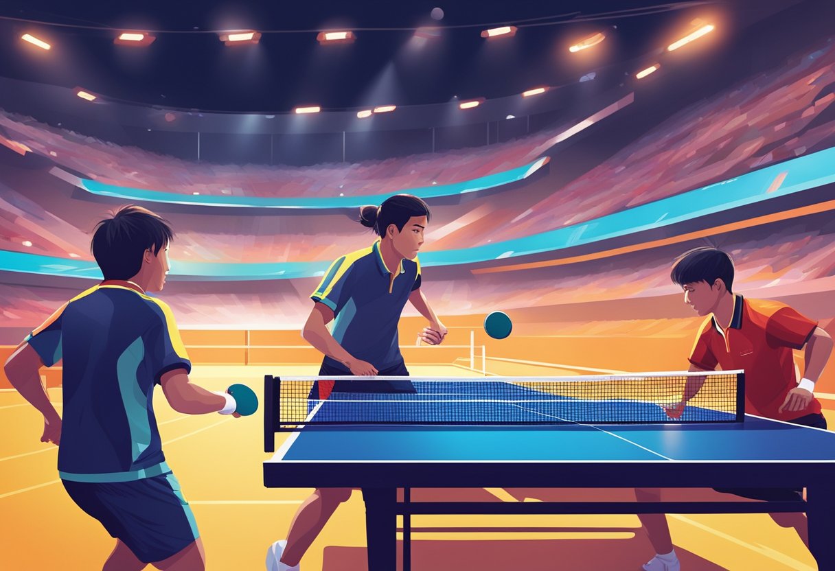 Players engaging in table tennis at a vibrant Singapore sports complex. Bright lights illuminate the fast-paced game, as players focus on their swift, precise movements