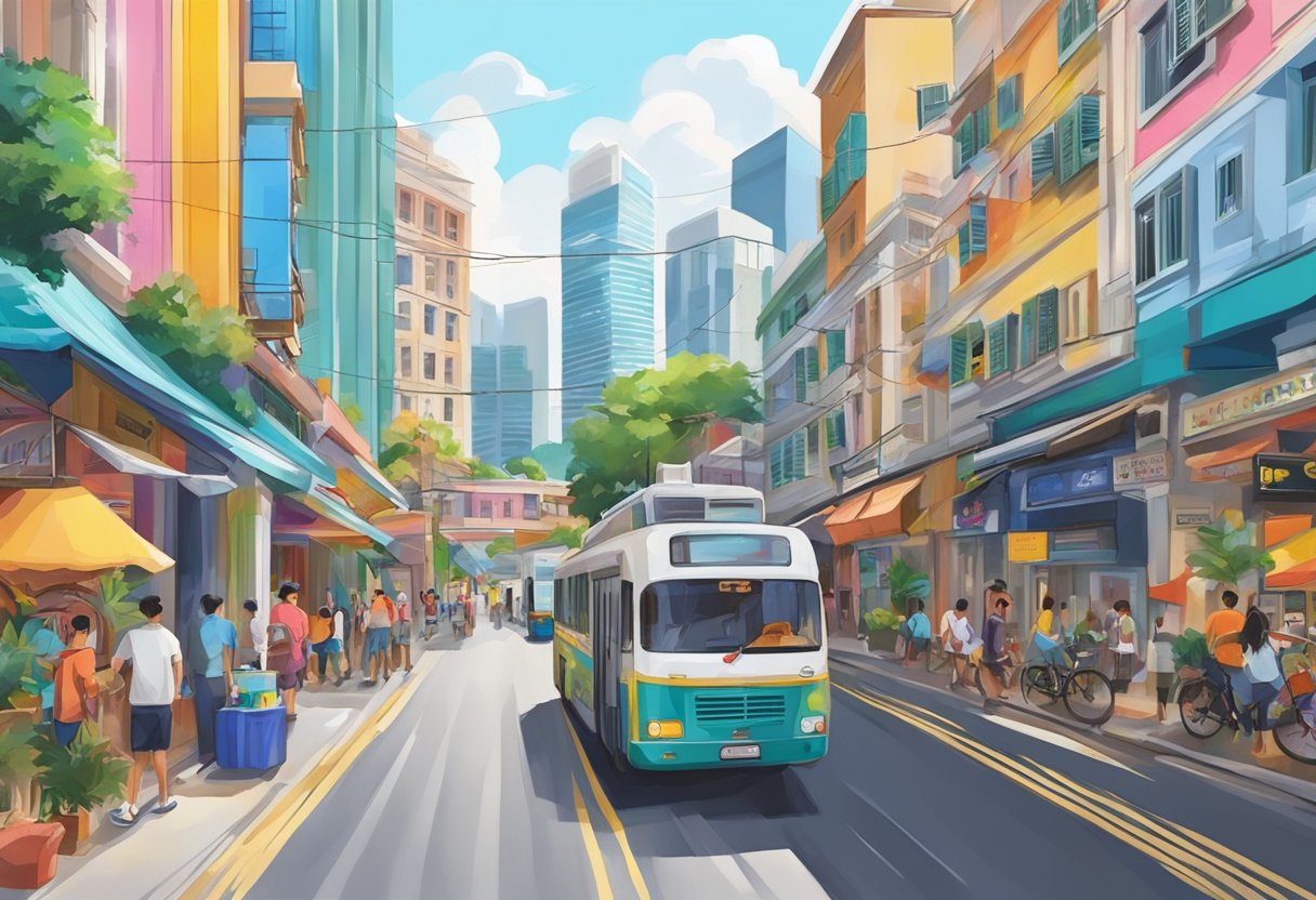 A bustling street with colorful buildings and vibrant street art in the heart of Singapore