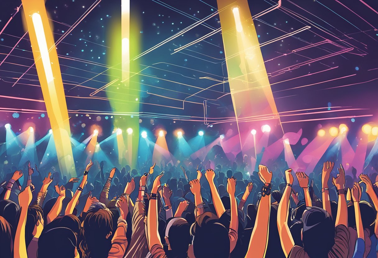 Crowd cheers as The Strokes perform on stage in Singapore. Bright lights illuminate the energetic atmosphere