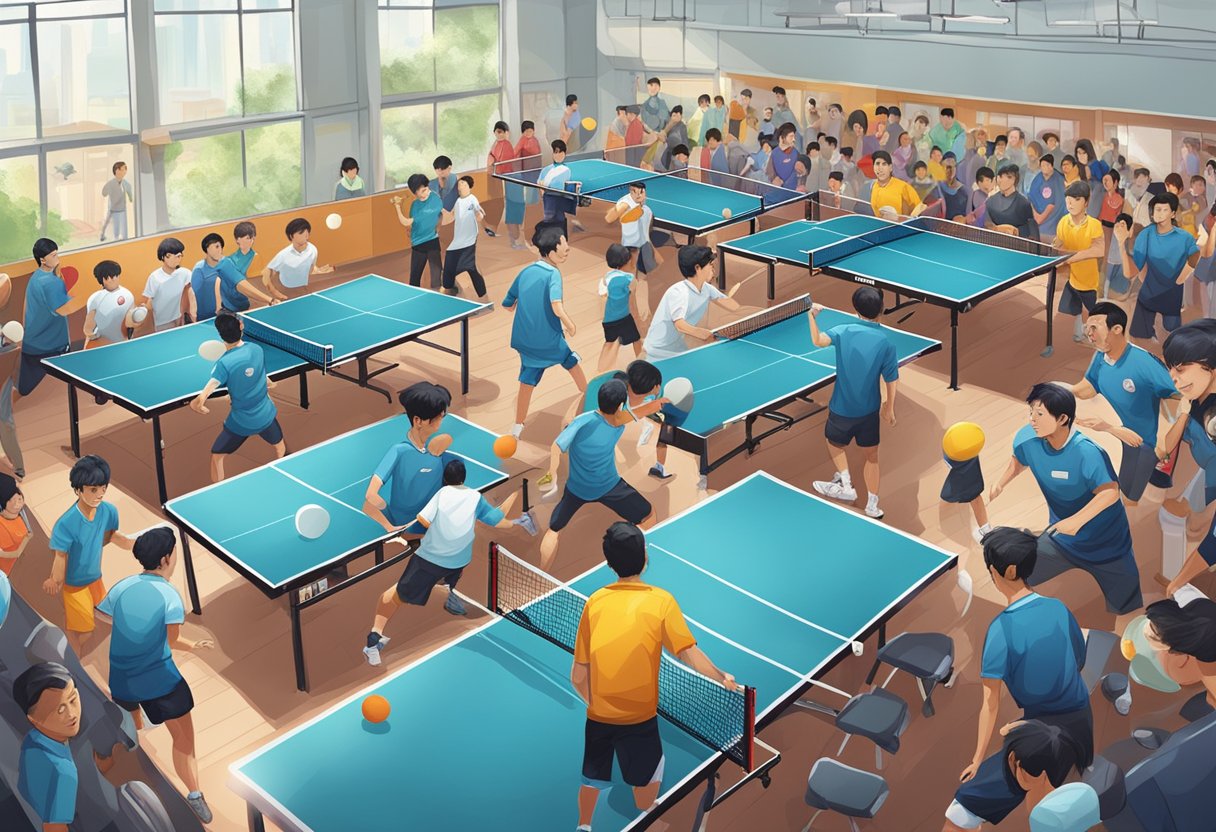 A bustling community center hosts intense table tennis competitions in Singapore