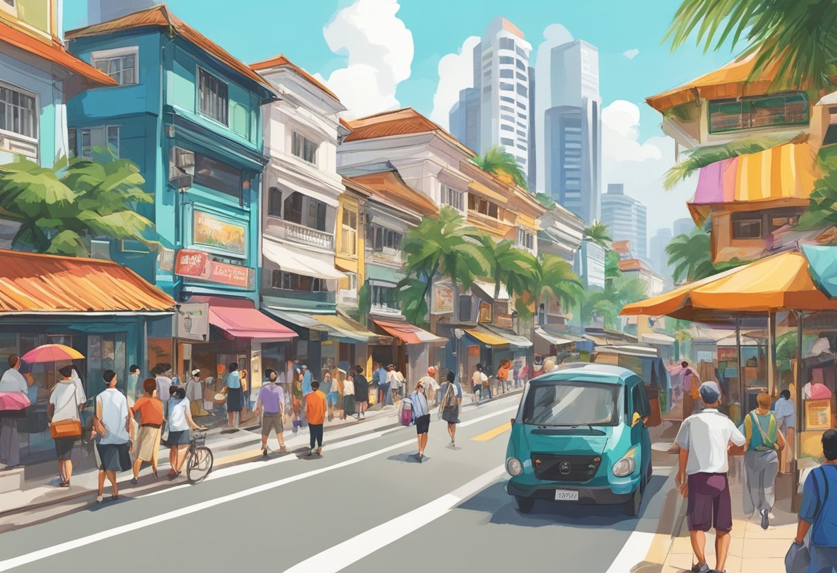 A bustling street in Singapore, with colorful buildings and vibrant signage. Palm trees sway in the breeze, while locals and tourists go about their day