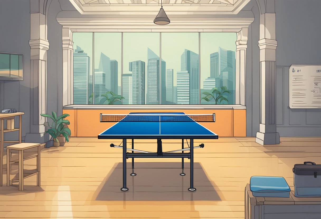 A table tennis table with a sign reading "Frequently Asked Questions" in a Singapore setting