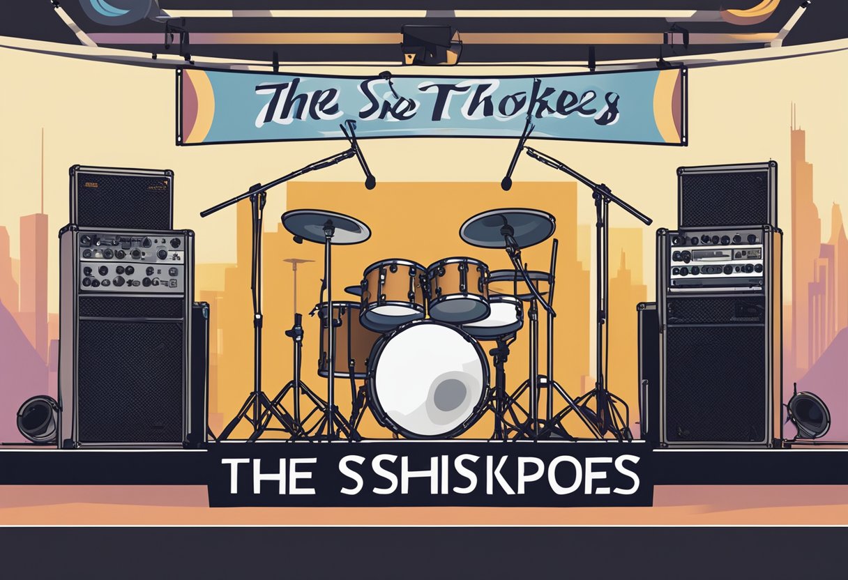 A stage with instruments set up for a band performance, with a banner reading "The Strokes Singapore" hanging in the background