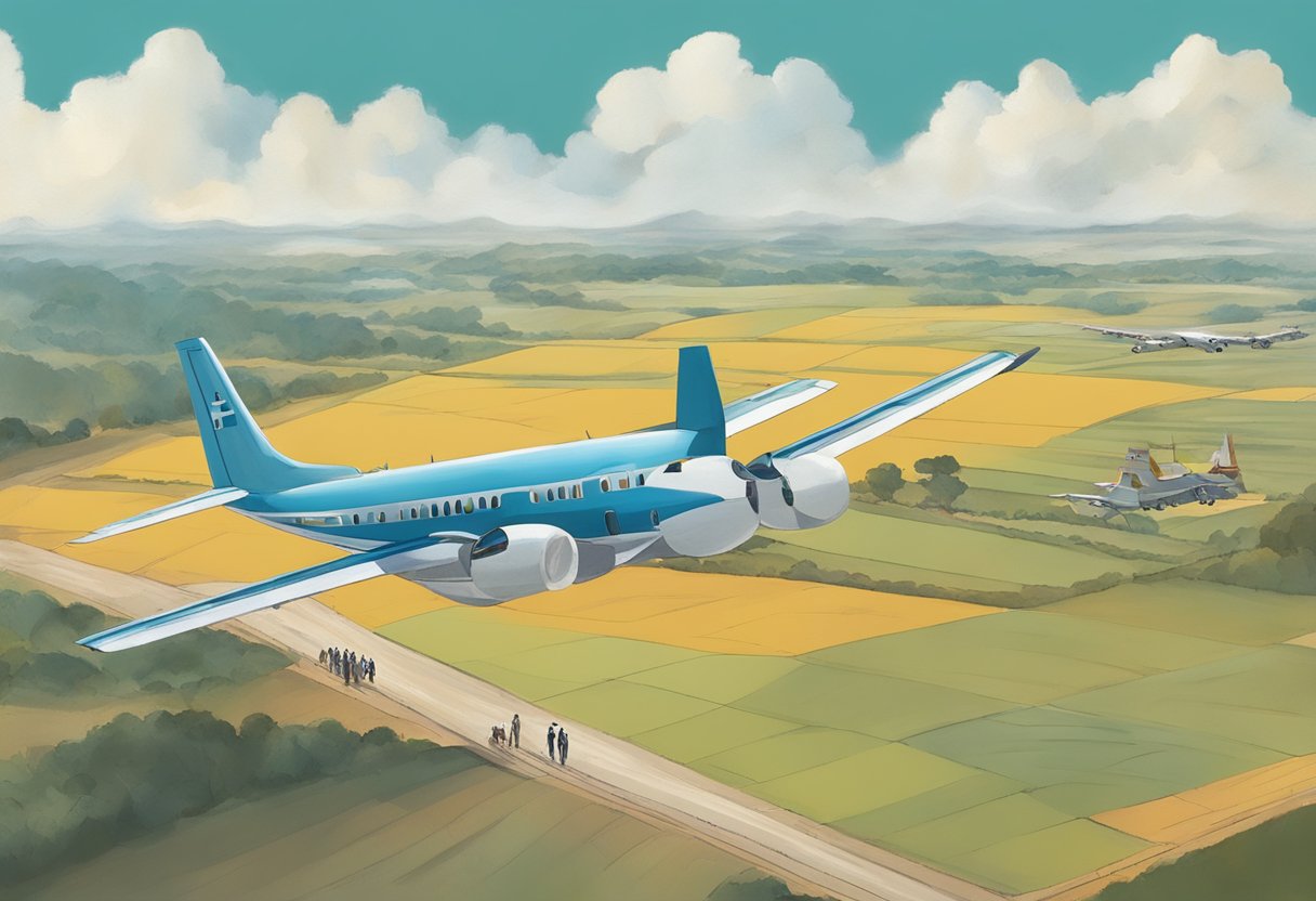 A plane flying over a border with a person being escorted onto it by officials