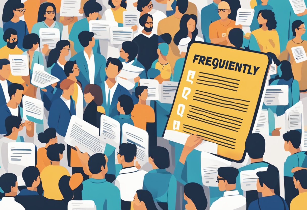 A stack of FAQ cards with "Frequently Asked Questions" and "The Strokes Singapore" printed in bold, surrounded by a crowd of curious onlookers