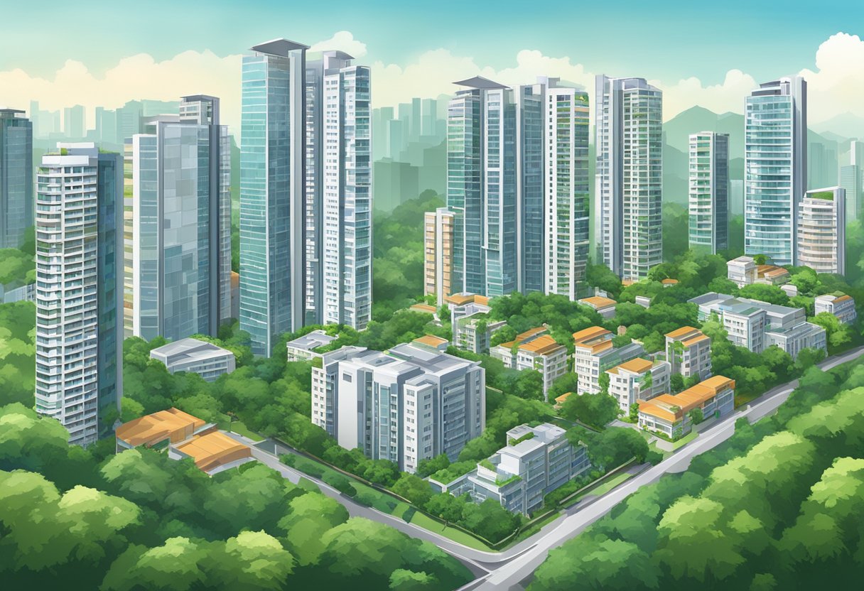 Several high-rise apartment buildings with modern architecture in Singapore, surrounded by lush greenery and a bustling cityscape in the background