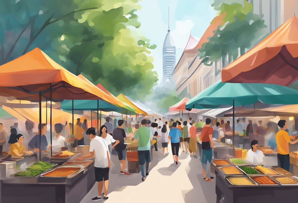 Vibrant satay street at Lau Pa Sat, Singapore. Colorful stalls and aromatic smoke fill the bustling outdoor food market