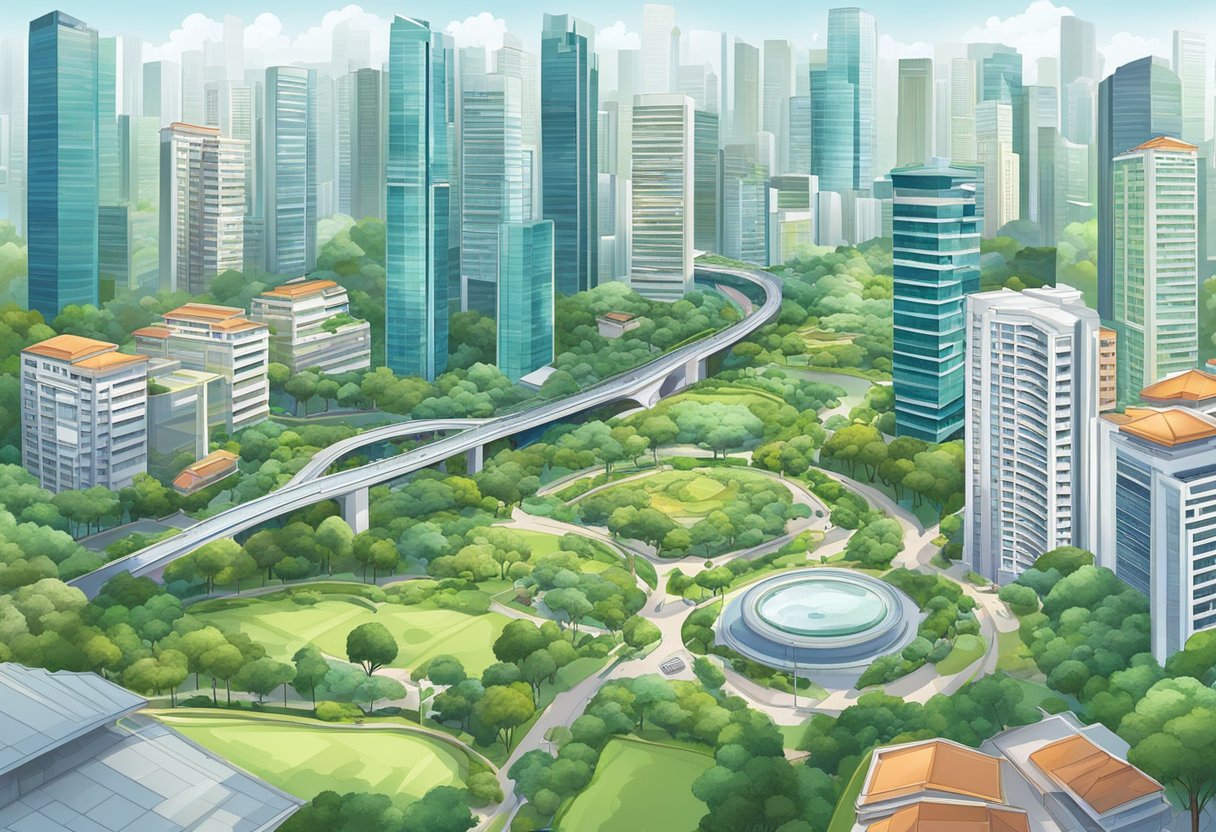 A vibrant cityscape with modern high-rise buildings and lush green parks, showcasing the diverse and bustling neighborhoods of Singapore