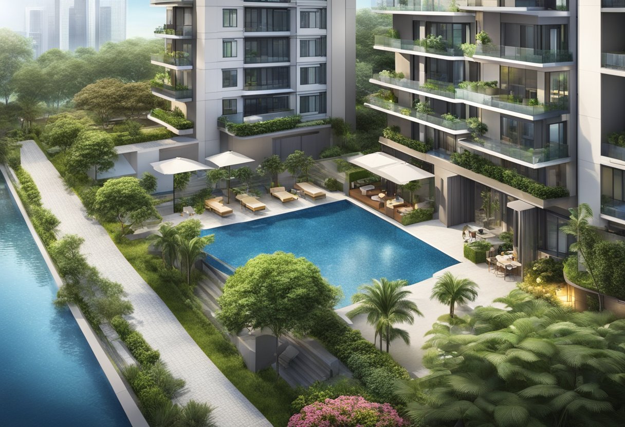 Luxurious Singapore apartments with modern amenities, including swimming pools, fitness centers, and lush green gardens