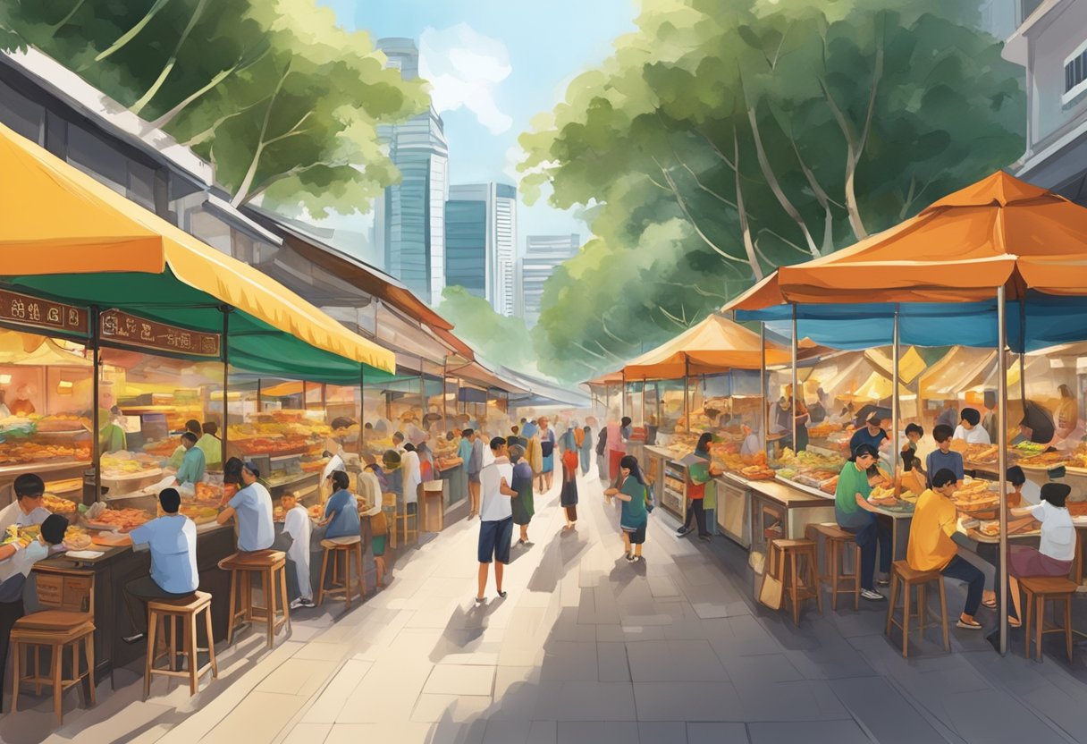 A bustling street lined with colorful food stalls, emitting the aroma of sizzling satay skewers and savory sauces at Lau Pa Sat in Singapore