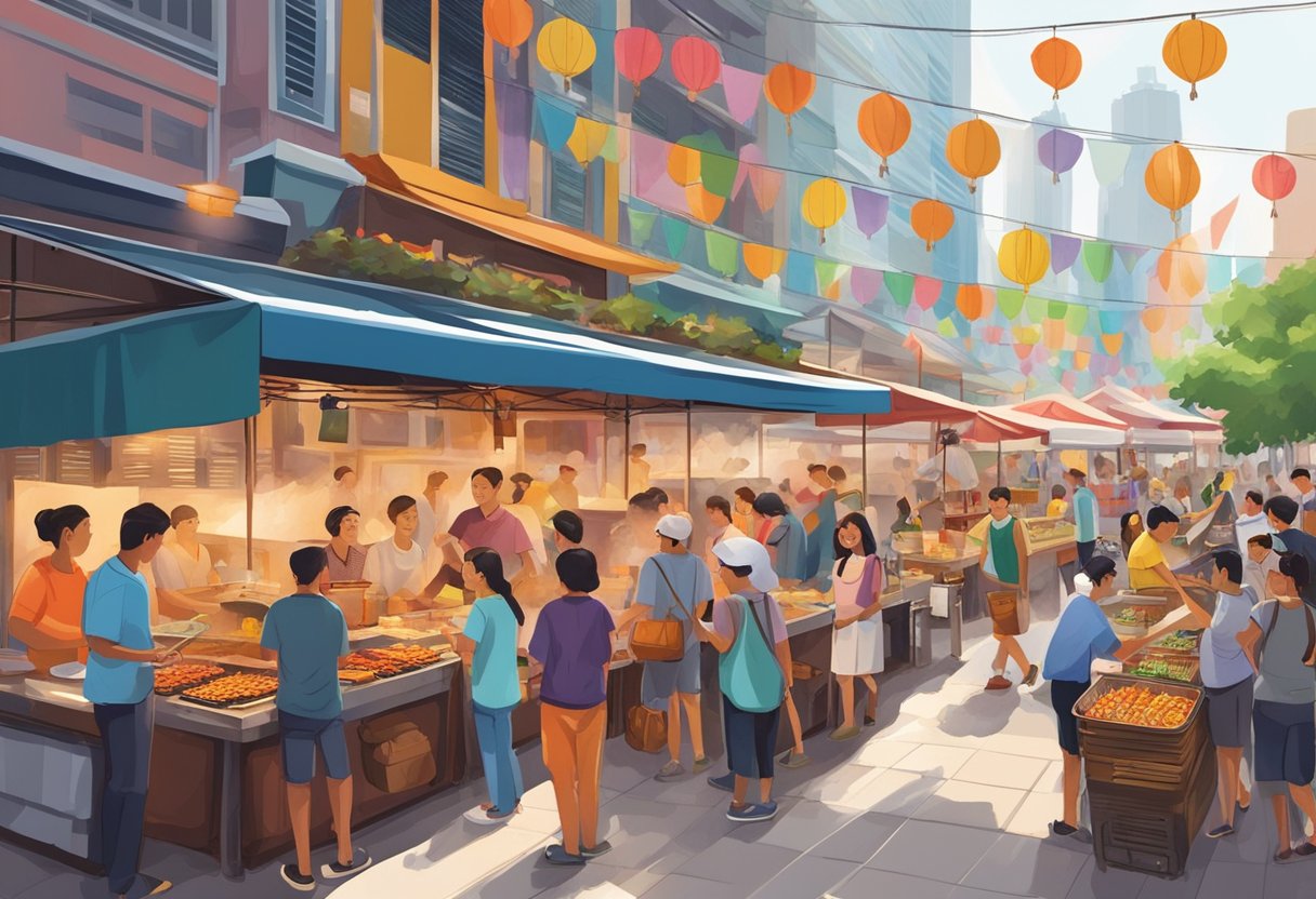 A bustling street at Lau Pa Sat, with vendors grilling satay and customers lining up, surrounded by colorful signs and vibrant energy
