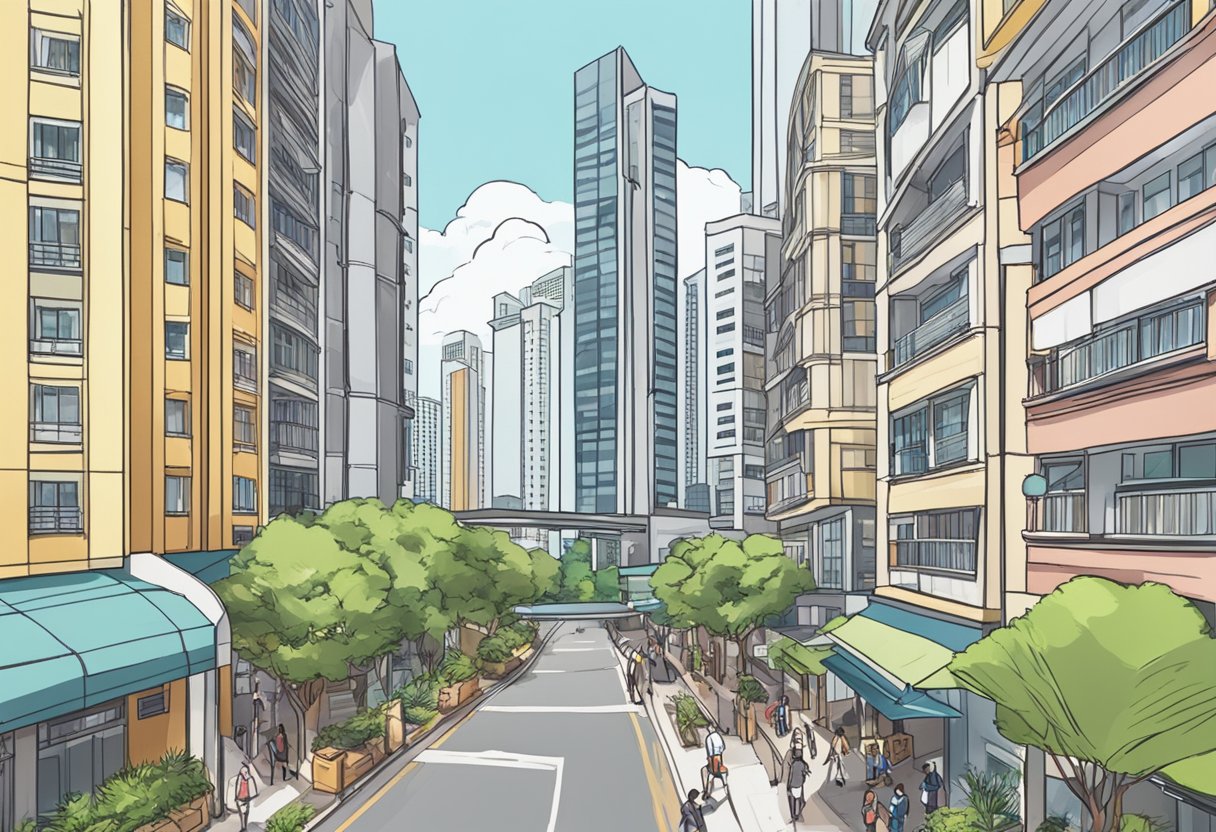 Potential scene: A bustling city street with high-rise apartment buildings in the background. A sign reads "Frequently Asked Questions" for Singapore apartments for rent