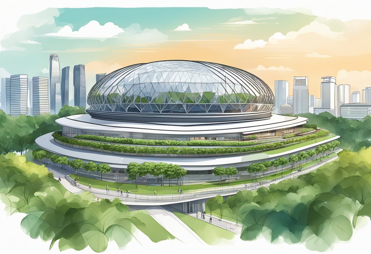 The Singapore National Stadium stands tall, with its iconic dome and retractable roof, surrounded by lush greenery and modern architecture