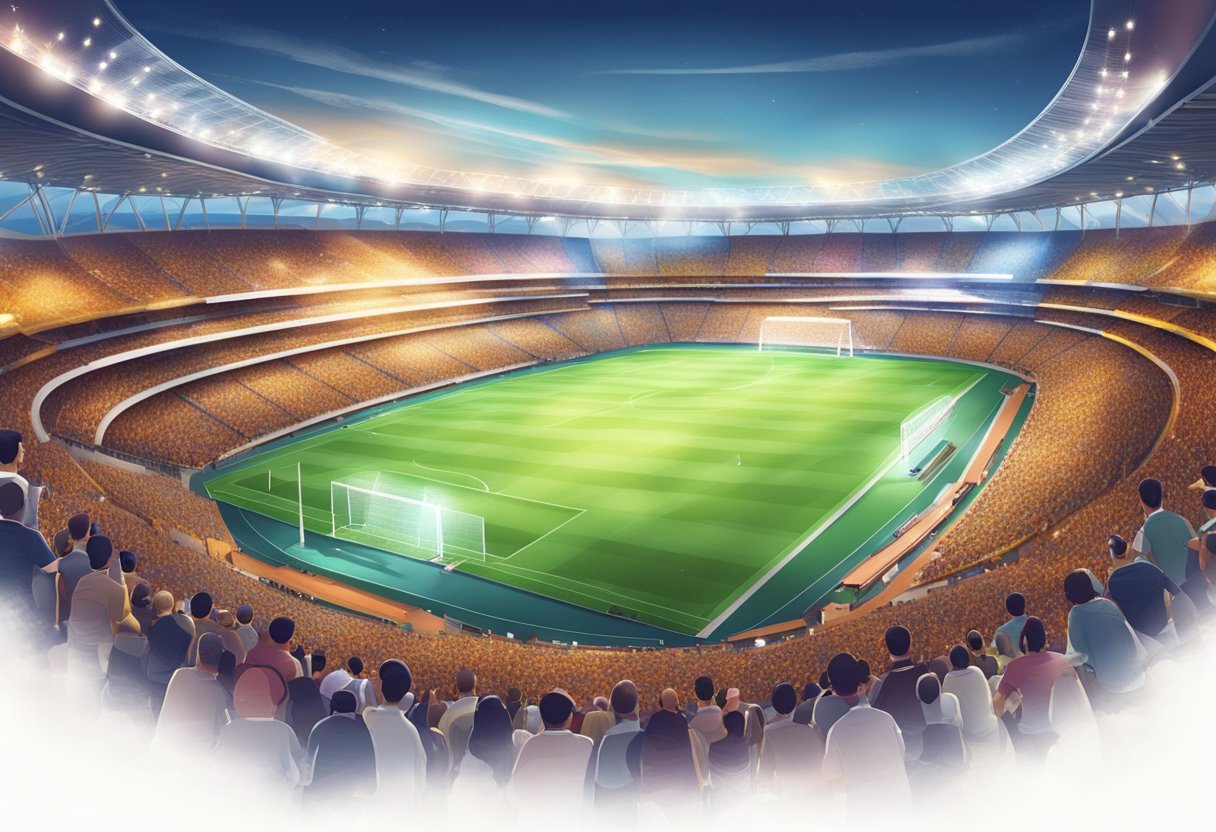 The Singapore stadium is filled with cheering fans, colorful banners, and bright stadium lights illuminating the field