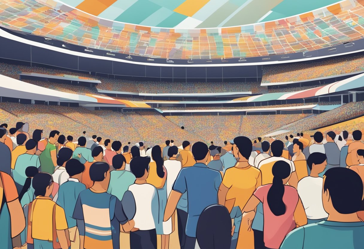 A bustling Singapore stadium with a crowd of diverse individuals, signboards displaying "Frequently Asked Questions," and a vibrant atmosphere