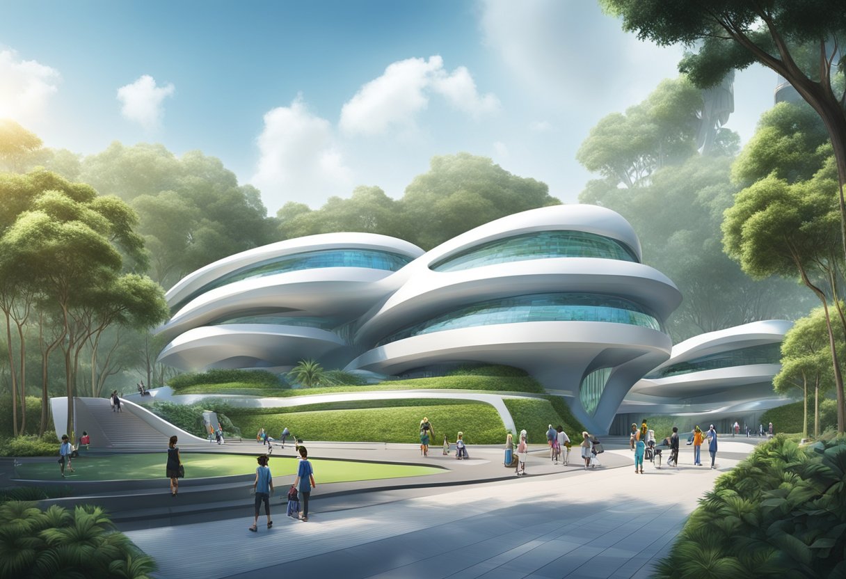 The art and science museum in Singapore is a futuristic building with sleek, curved lines and reflective surfaces, surrounded by lush greenery and modern sculptures