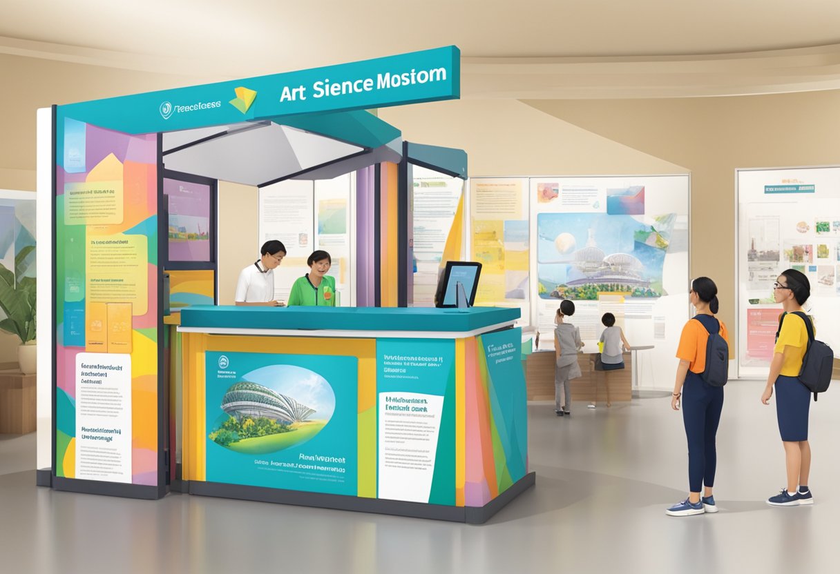 The visitor information booth at the art and science museum in Singapore, with colorful brochures and a friendly staff member ready to assist