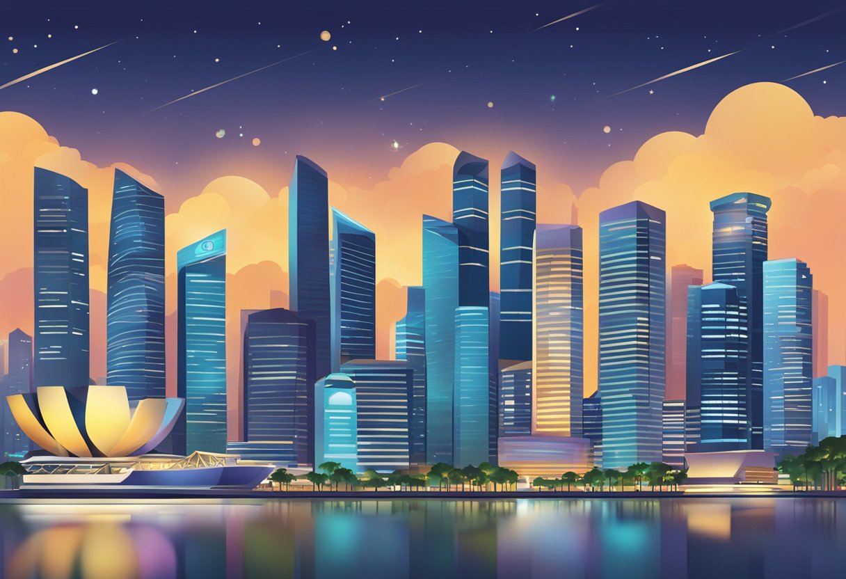 A bustling cityscape of modern architecture and vibrant lights, showcasing the iconic skyline of Singapore's bustling business district