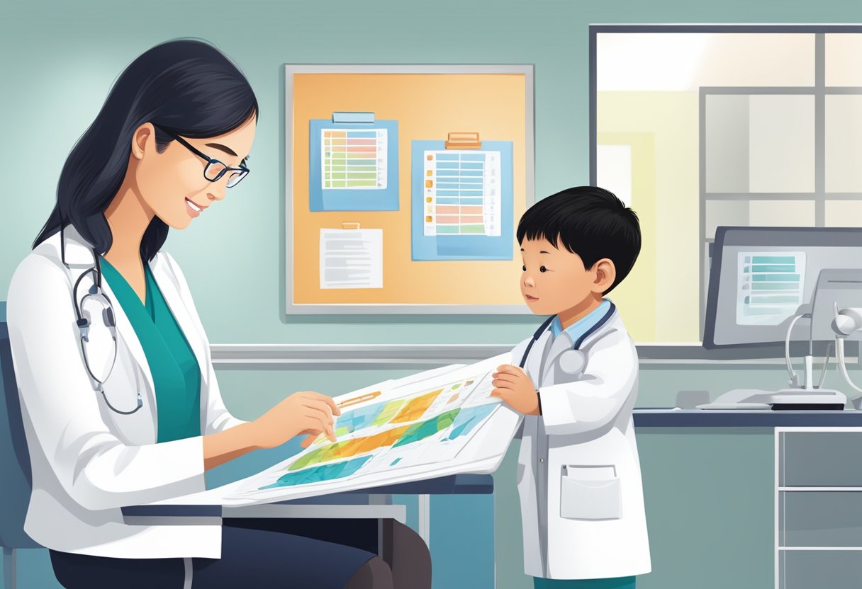A pediatrician in Singapore examining a child's medical chart in a modern clinic setting