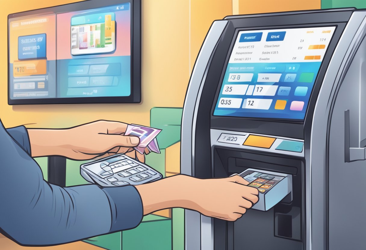 A person inserts a card into an AXS machine, selects options on the screen, and completes a transaction in a brightly lit area