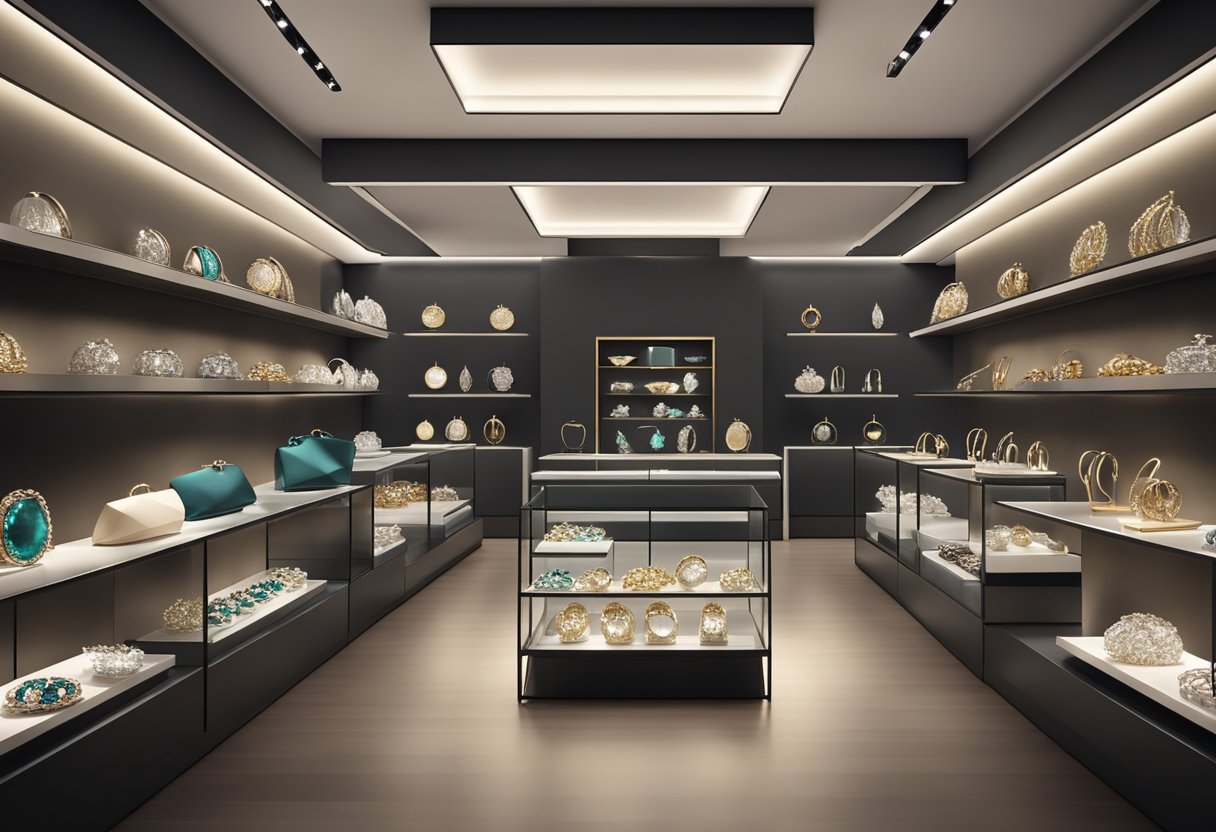 A display of elegant jewelry pieces arranged on velvet-lined shelves, illuminated by soft spotlights in a sleek and modern showroom