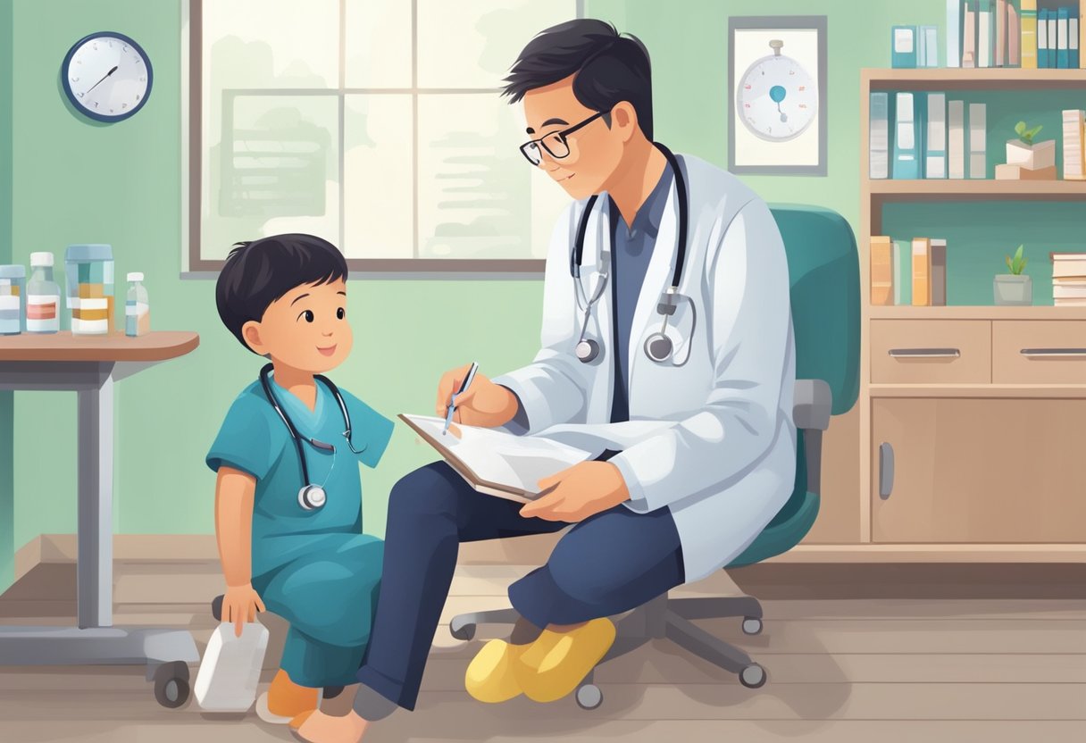A pediatrician in Singapore treats common pediatric conditions. The doctor examines a child and prescribes medication or provides medical advice