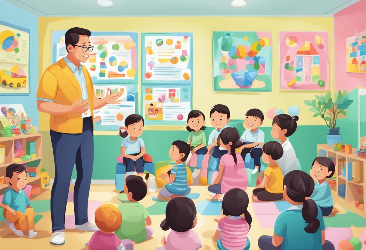 A pediatrician in Singapore addressing a group of parents, surrounded by colorful toys and informative posters