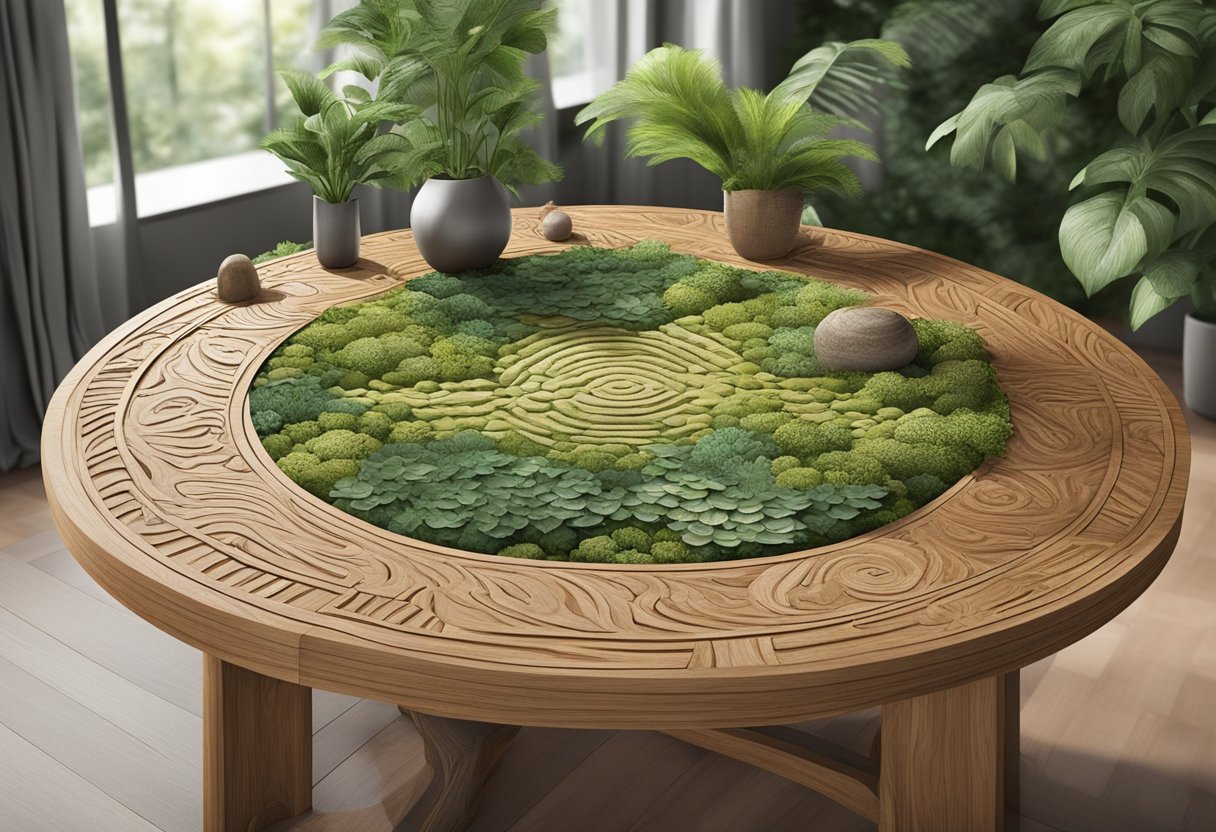 A handcrafted wooden table with intricate carvings, surrounded by lush greenery and sustainable materials