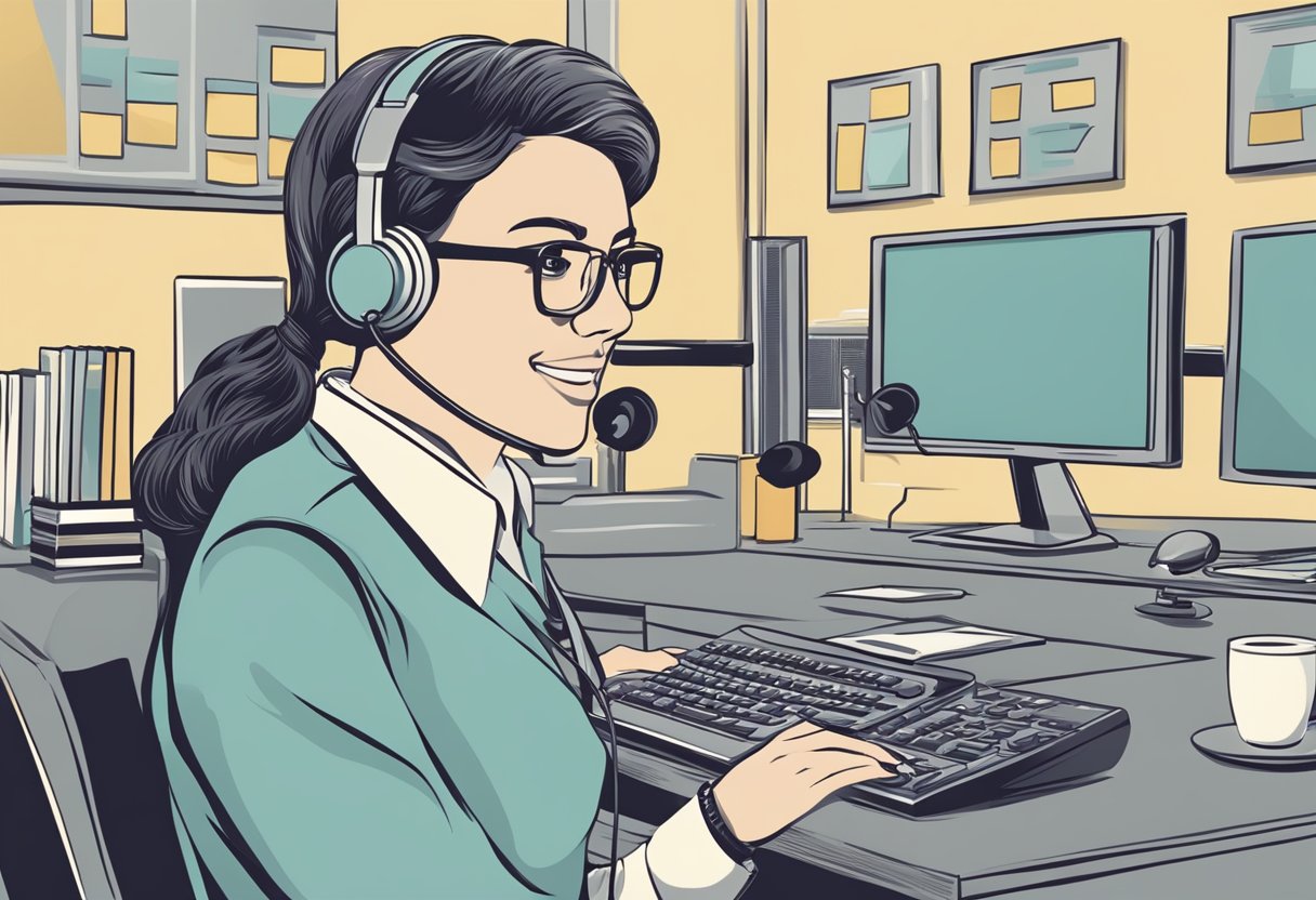 A customer service representative answering questions at a desk with a computer and phone