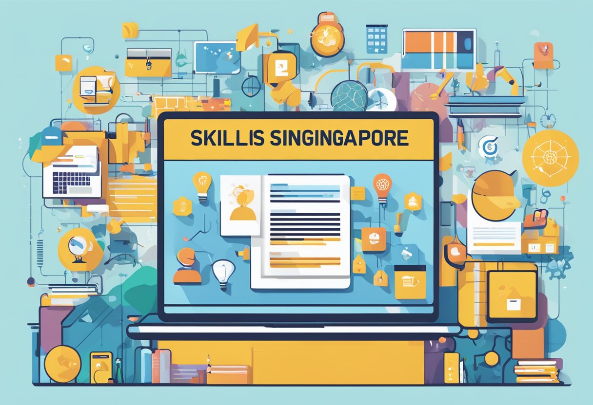"SkillsFuture Singapore" logo displayed prominently on a digital screen with diverse icons representing various skills and education programs