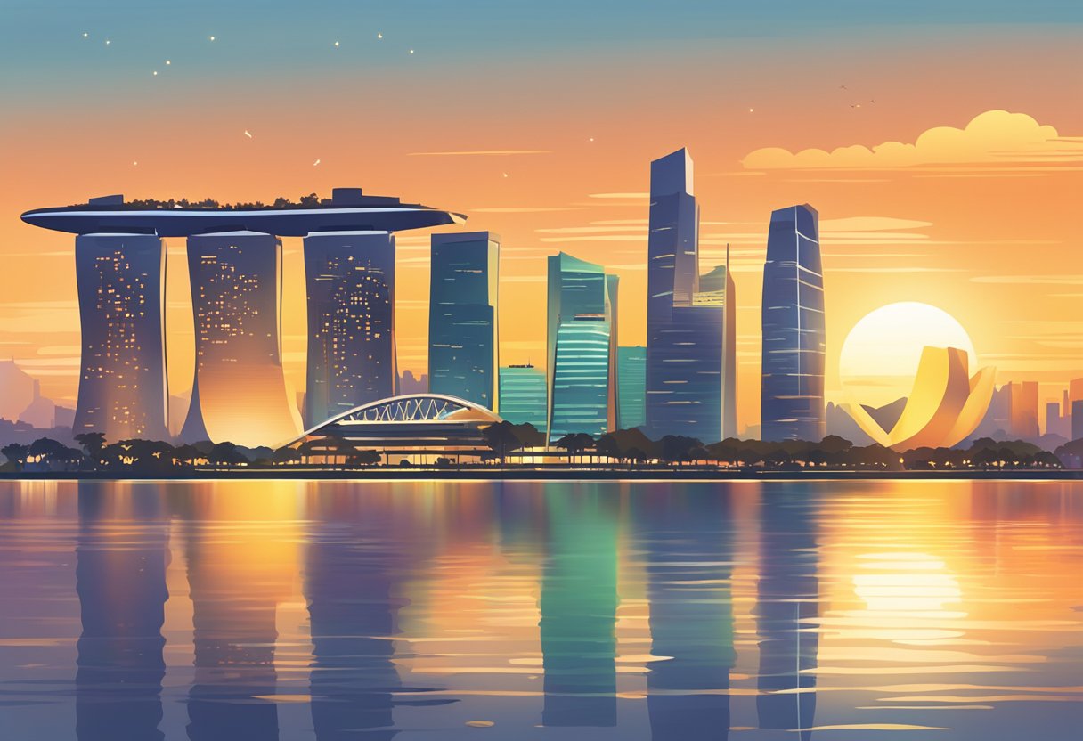 The sun sets over the Singapore skyline, casting a warm glow over the city's iconic landmarks and reflecting off the calm waters of the harbor
