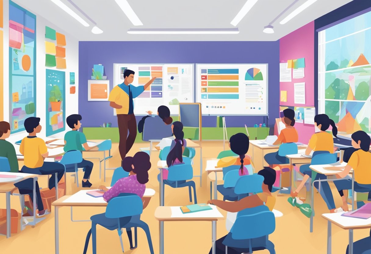 A colorful classroom with diverse students engaged in SkillsFuture Singapore workshops. Posters and technology tools are visible