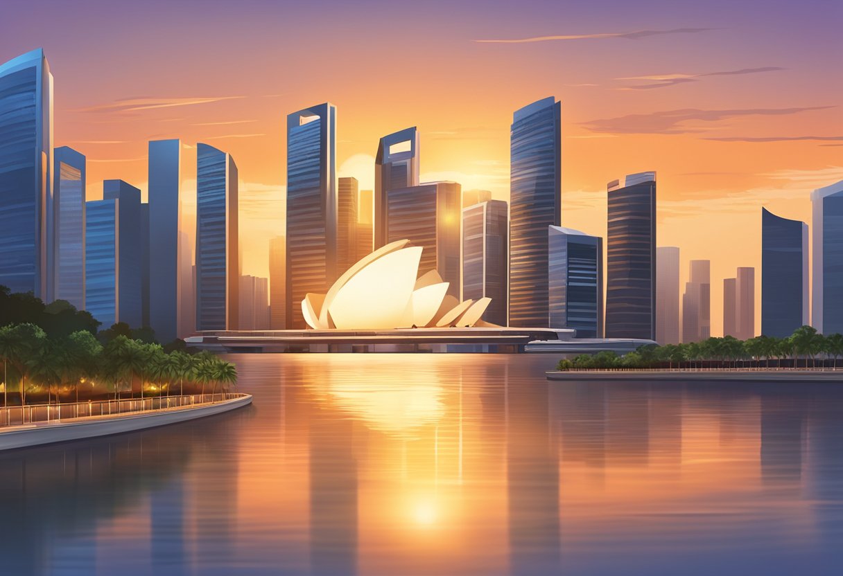 The sun sets behind the Singapore skyline, casting a warm orange glow over the cityscape and reflecting off the water