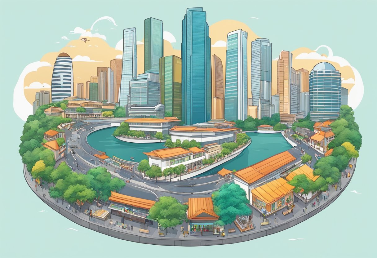 A bustling street with colorful shophouses, towering skyscrapers, lush greenery, and iconic landmarks like the Marina Bay Sands and the Merlion statue