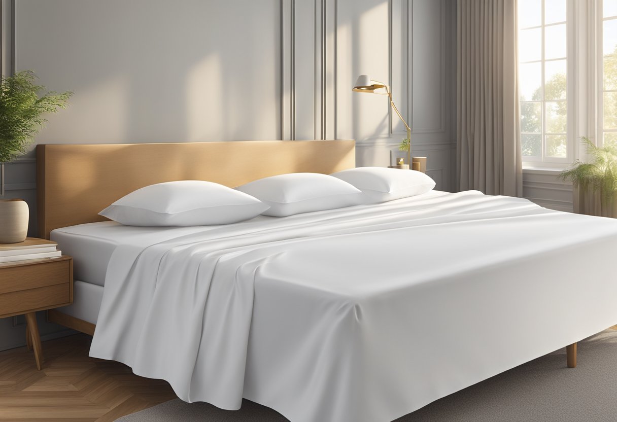 A neatly folded bedsheet lies on a pristine bed in a sunlit room